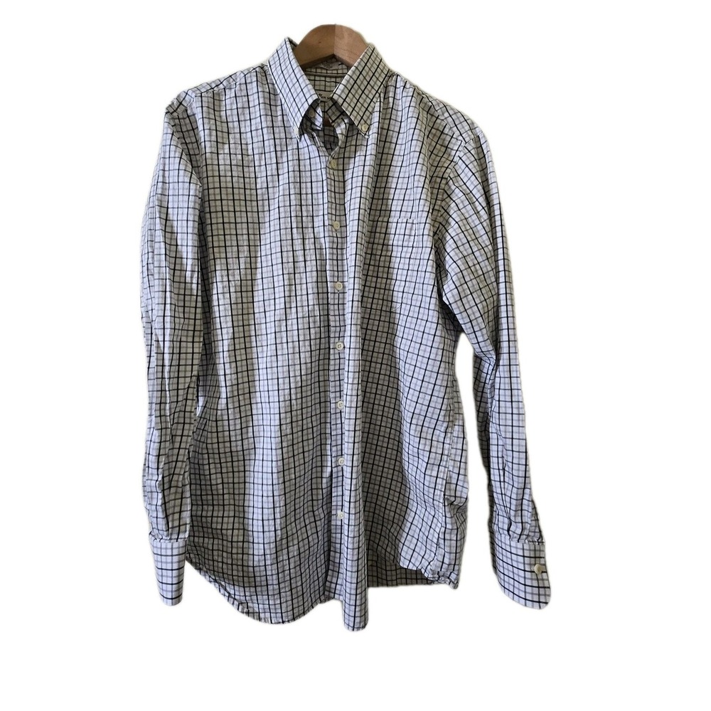 Peter Millar Button Down Shirt Mens Large White Black Grey Tattersall Check